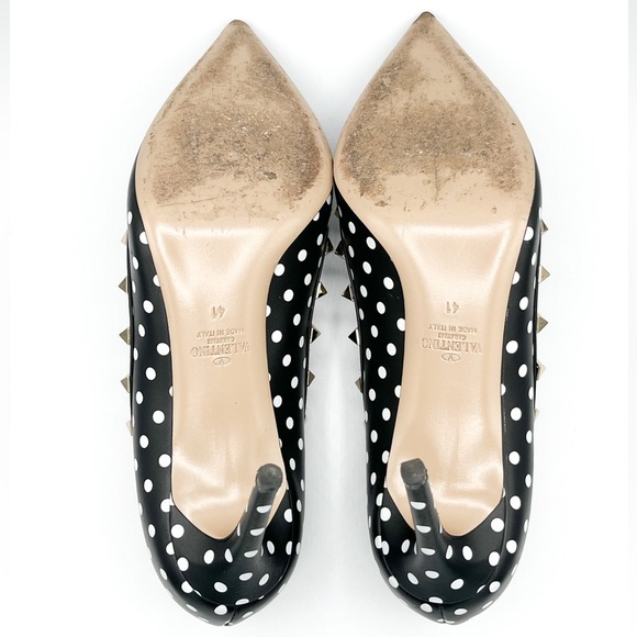 Valentino Rockstud Studded Polkadot Pointed Toe Black Leather Pump Heels - Picture 5 of 5